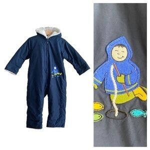 Lands’ End Navy Blue Faux Fur Lined Waterproof Ice Fishing Appliqué Snowsuit